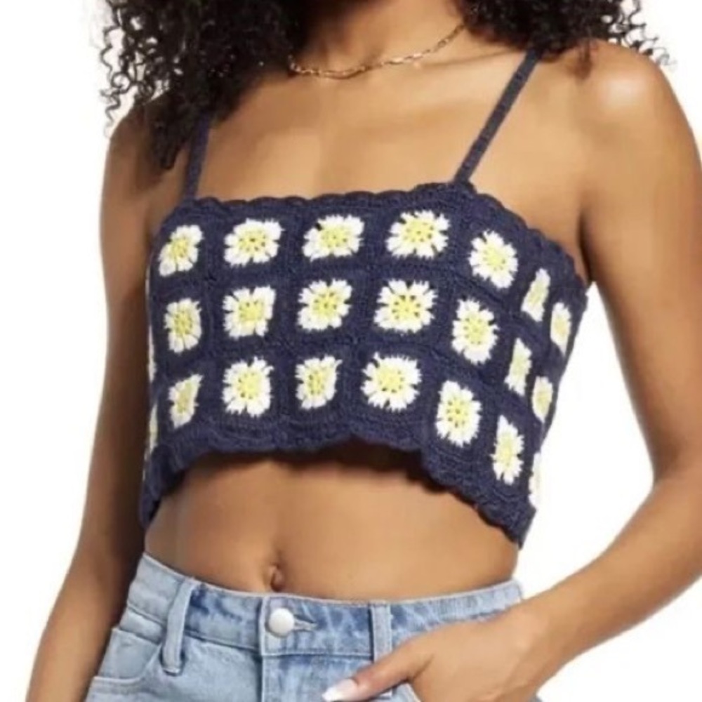 BP Navy Blue Daisy Crochet Crop Tank Top Sz.S NWT!